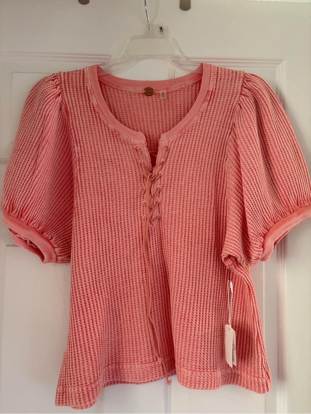 Women’s Pink Lace-Up Puff Sleeve Waffle Knit Free People Top